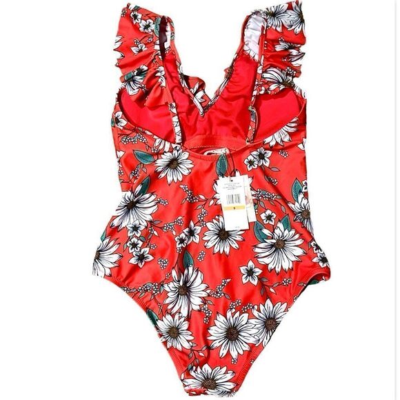 Jessica Simpson swimsuit one piece ruffle salsa red floral Small - Picture 3 of 11